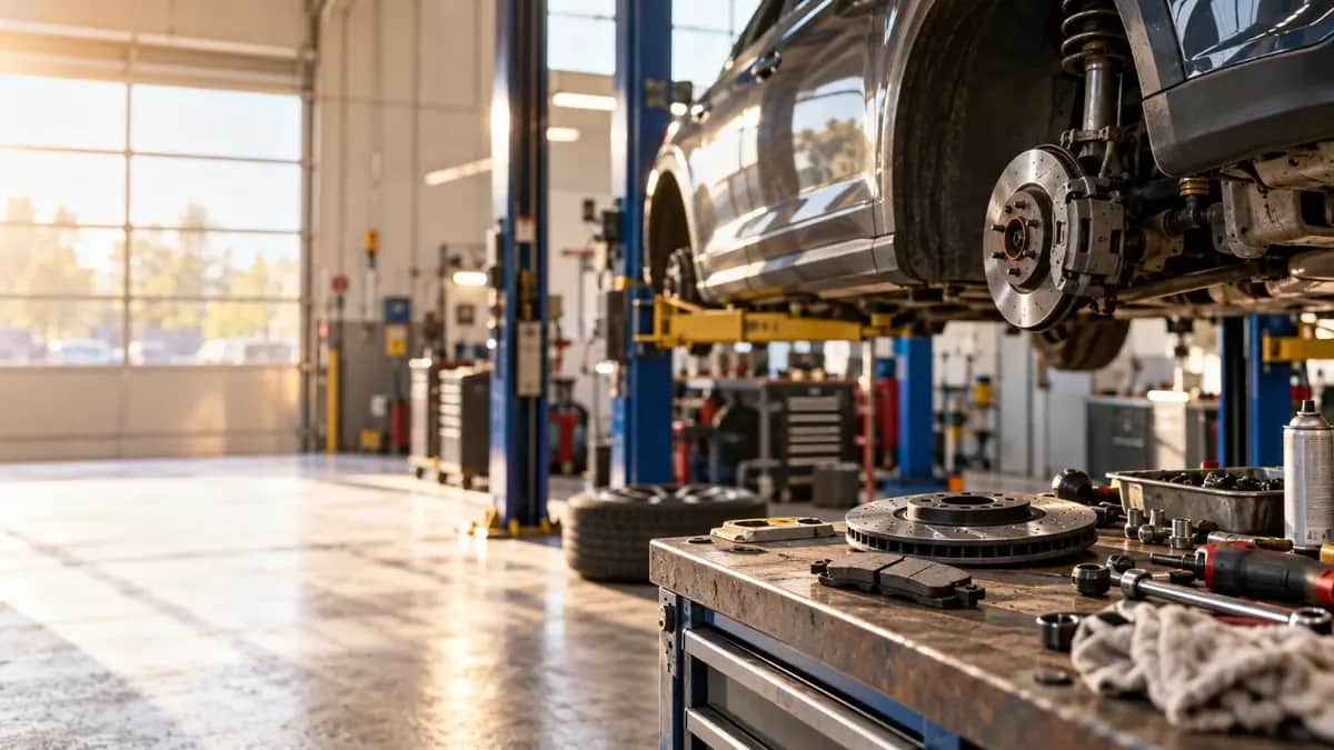 Mechanic working on an open vehicle engine in a workshop
