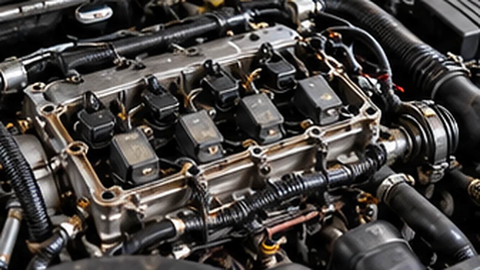 An engine bay with the cover removed, showing coil packs and wiring