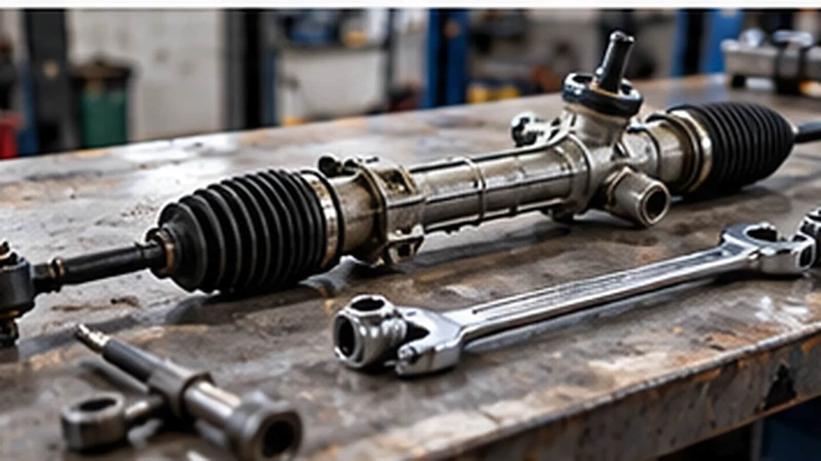 A steering rack and tie rod ends on a workshop bench