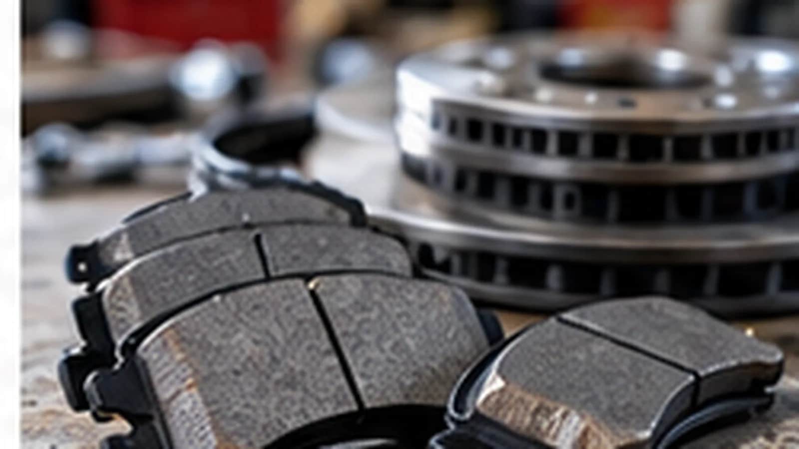 Brake pads on a workshop bench