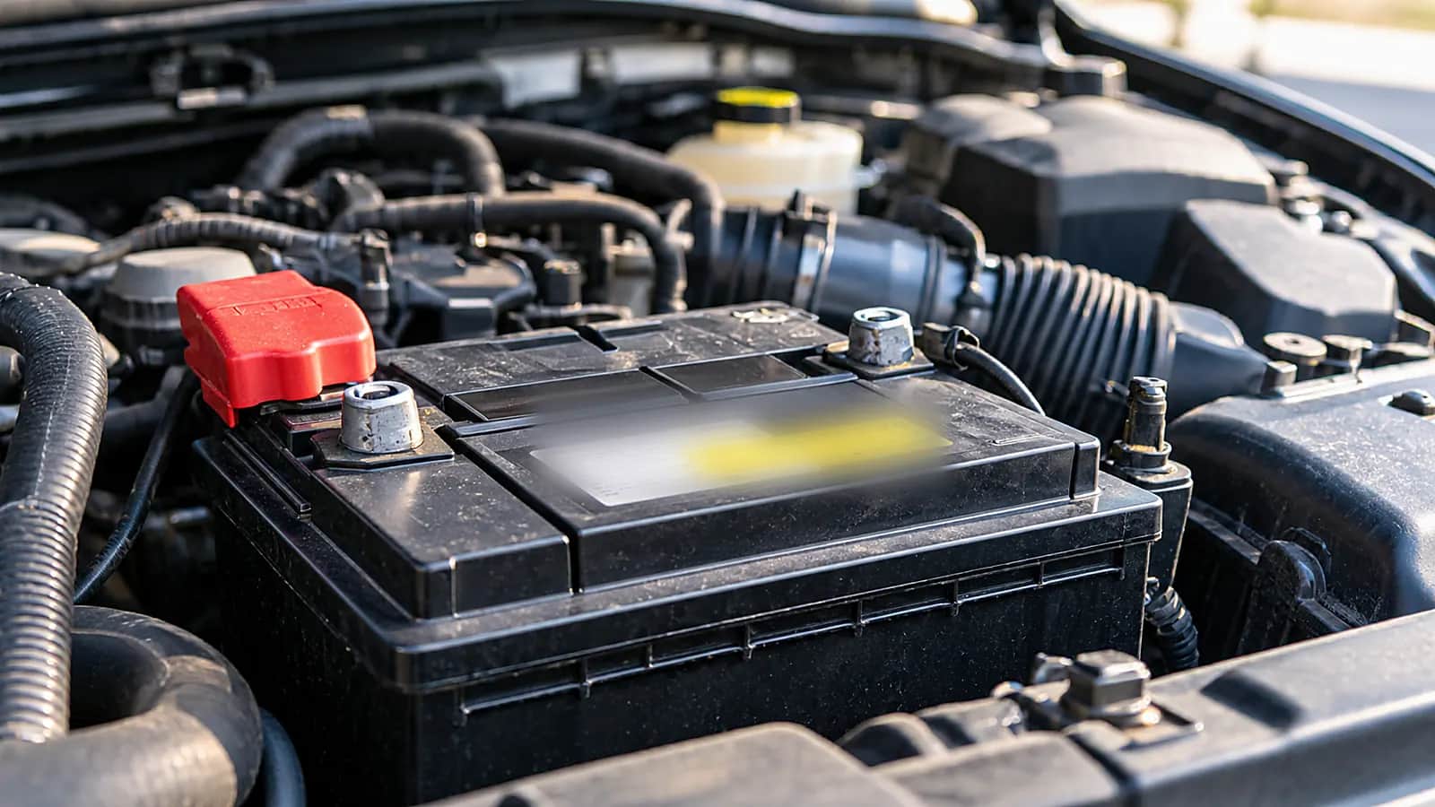 A car battery in an engine bay with the terminals visible