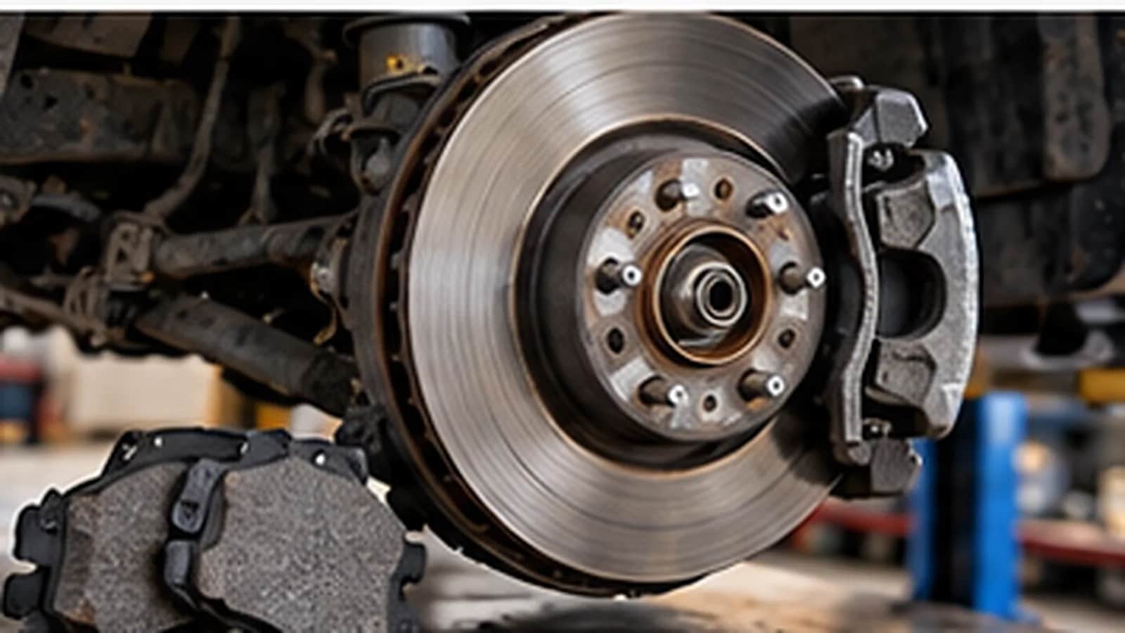 A brake disc and caliper with new pads beside them