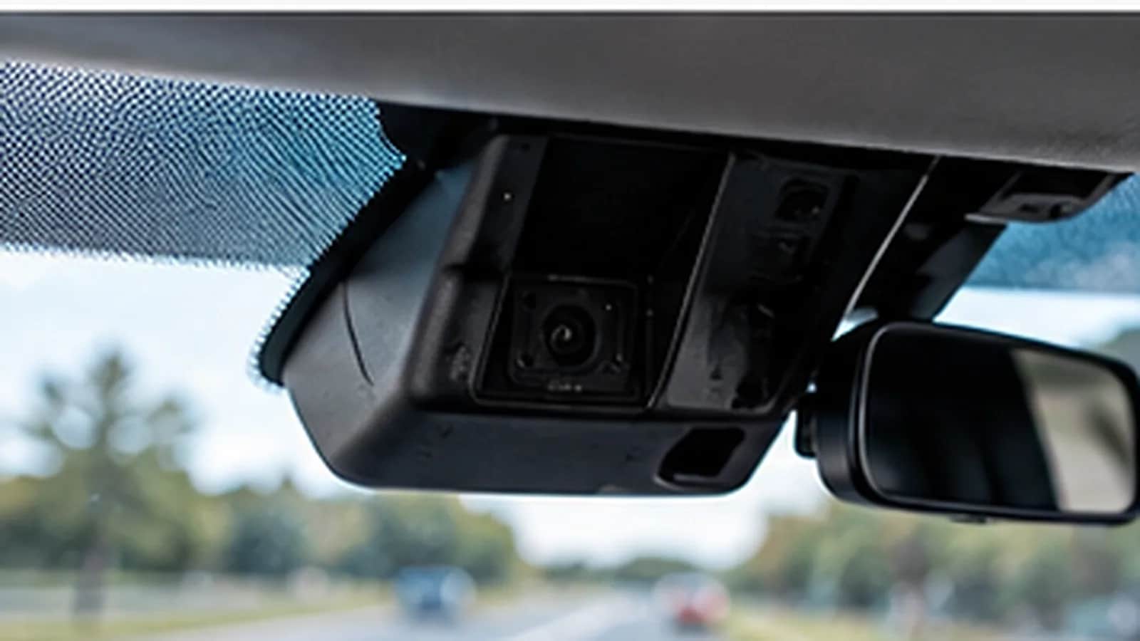 The forward camera behind a windscreen rear-view mirror