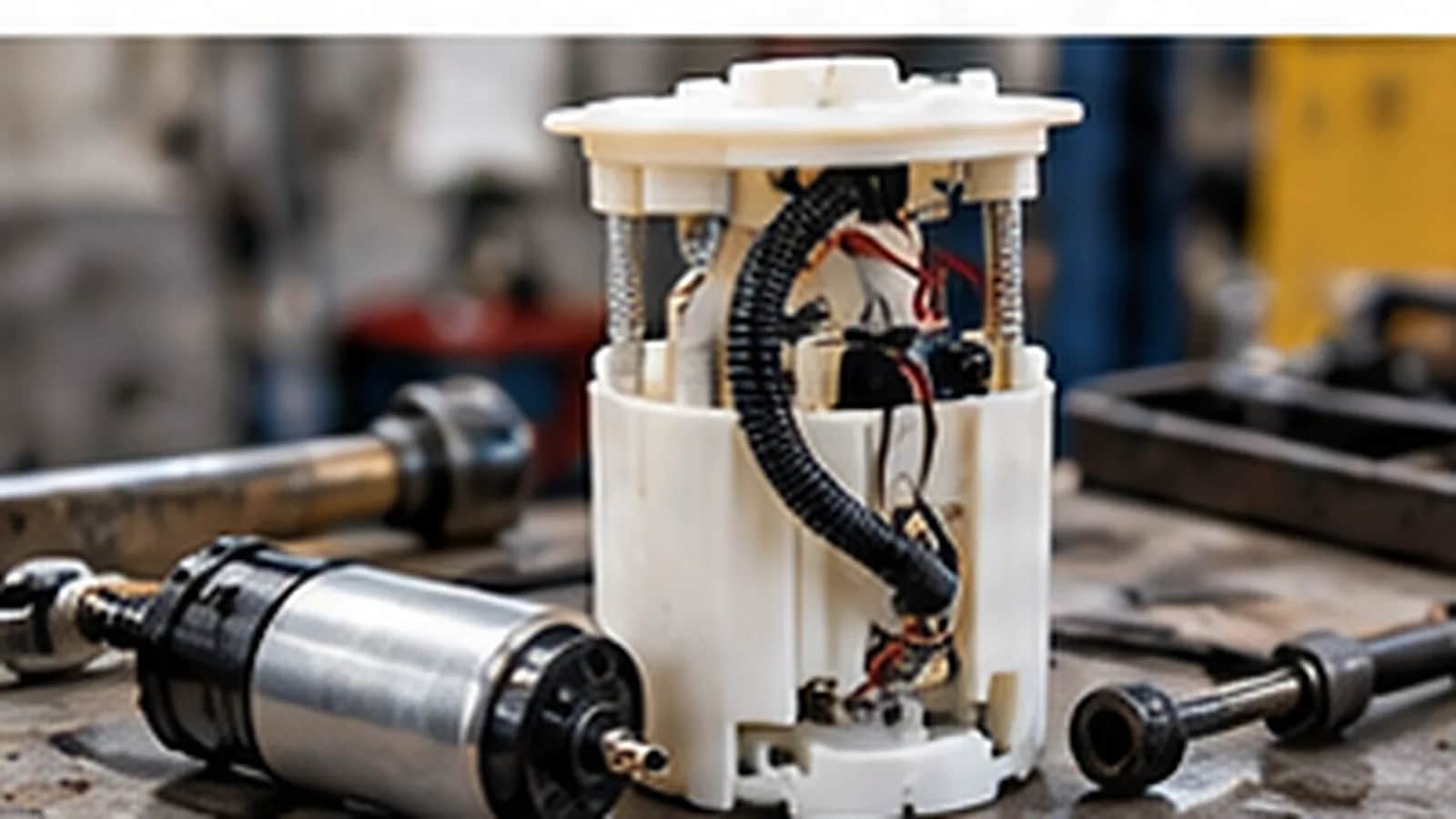 A fuel pump assembly and filter on a workshop bench