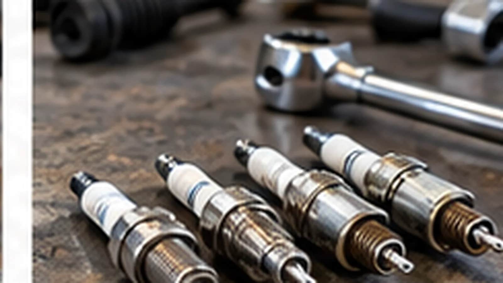 Spark plugs on a workshop bench